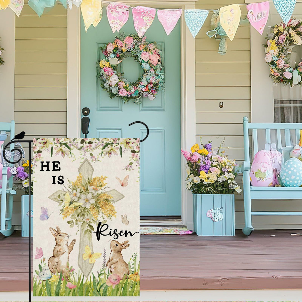 ZAEW Easter Watercolor Cross Bunny Garden Flag 12x18 Inch Double Sided