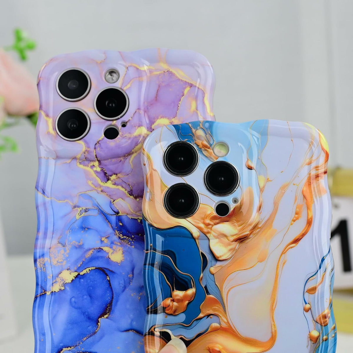 DORAFIN iPhone 15 Pro Case 6.1 Marble Glossy Shockproof TPU Blue/Gold
