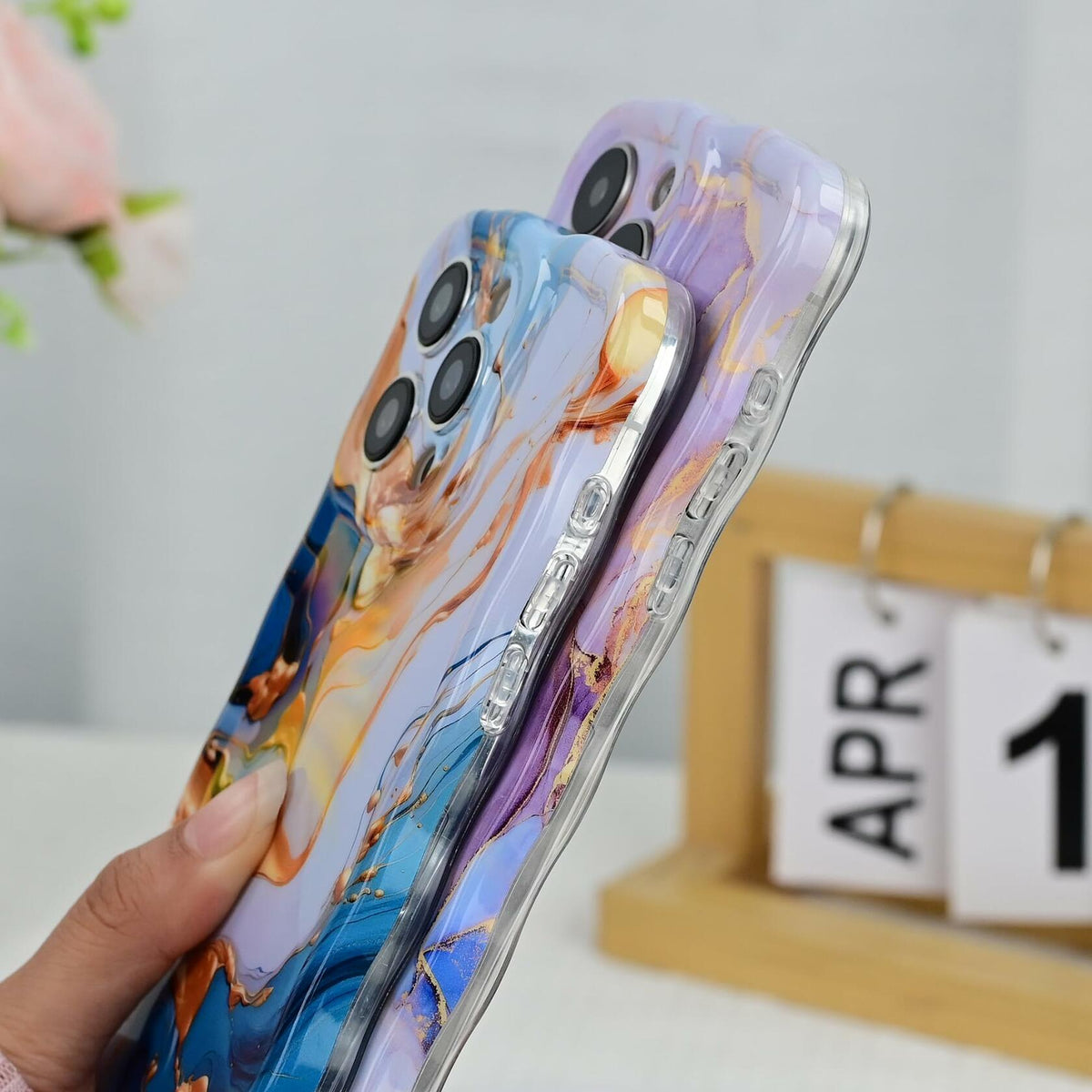 DORAFIN iPhone 15 Pro Case 6.1 Marble Glossy Shockproof TPU Blue/Gold