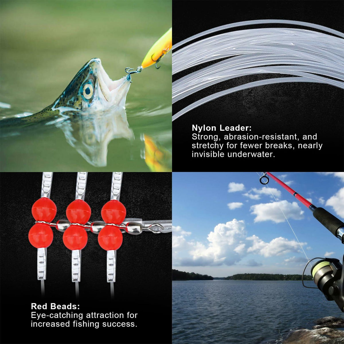 AIRKOUL 24PCS Nylon Fishing Leader Rigs with Swivels Snaps Beads