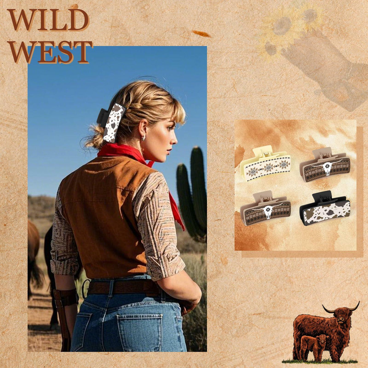 YARIEW Large 4" Leather Western Hair Claw Clips Sunflower Floral Brown
