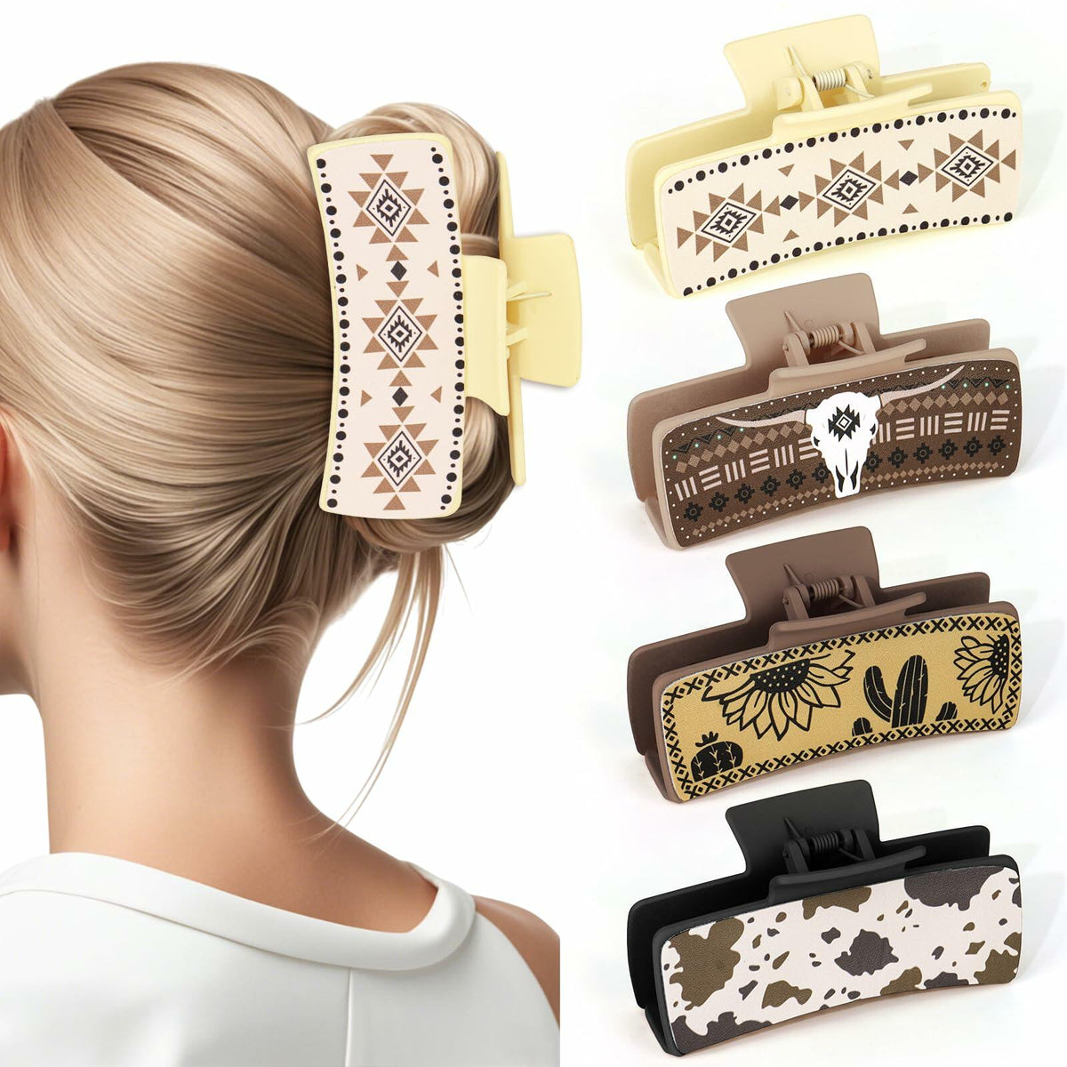 YARIEW Large 4" Leather Western Hair Claw Clips Sunflower Floral Brown