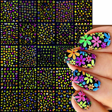 Fluorescent Nail Art Stickers 24 Sheets 3D Butterflies Stars Flowers DIY
