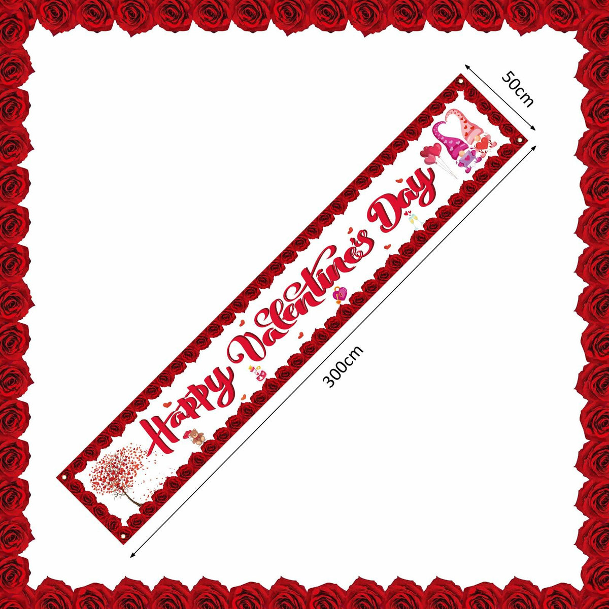 RGISHOP Valentine's Day Banner 9.8x1.6ft Rose Hearts Gnomes Decoration