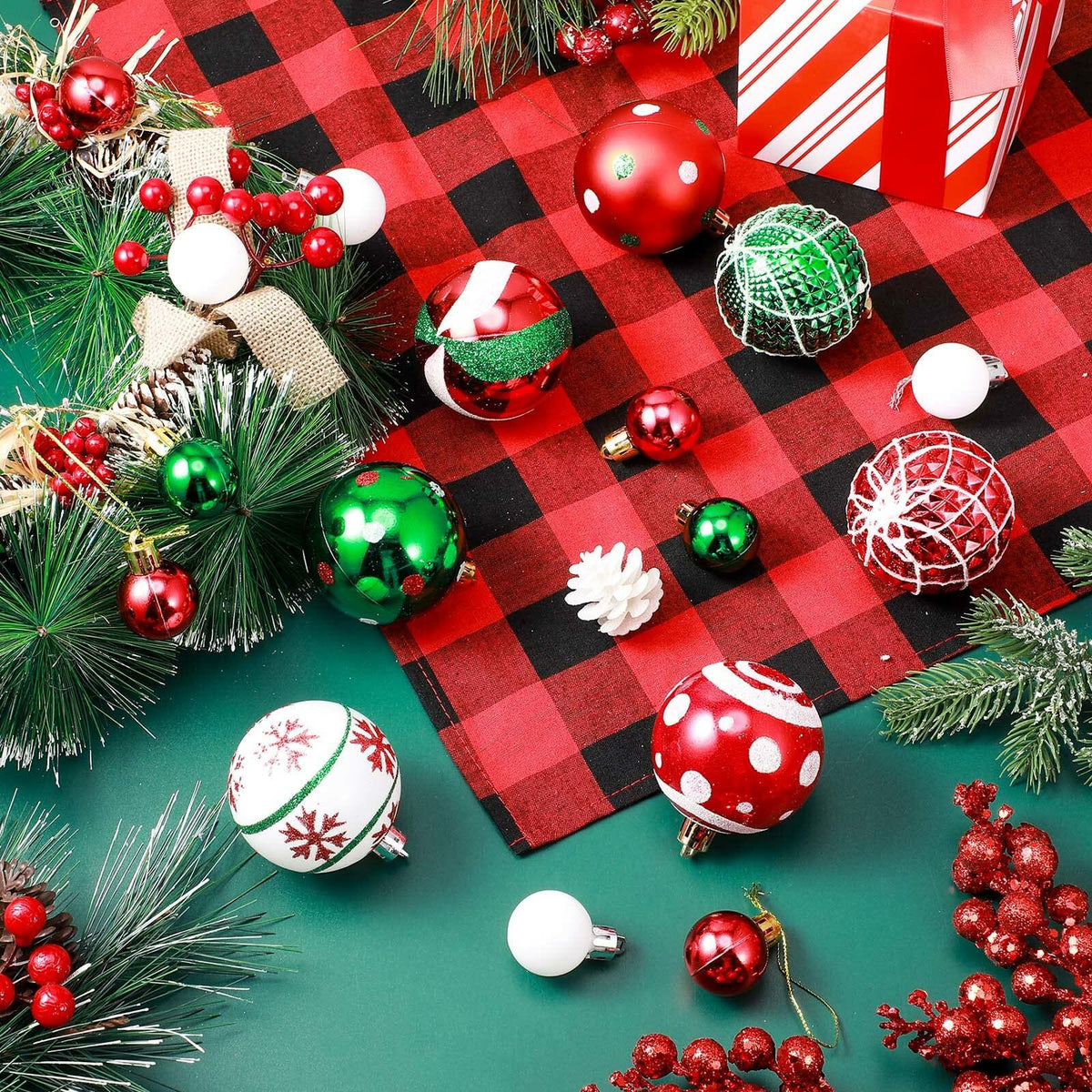 42 Pc Christmas Tree Balls Ornaments Glitter 2.36" & 1.18" Red Green White