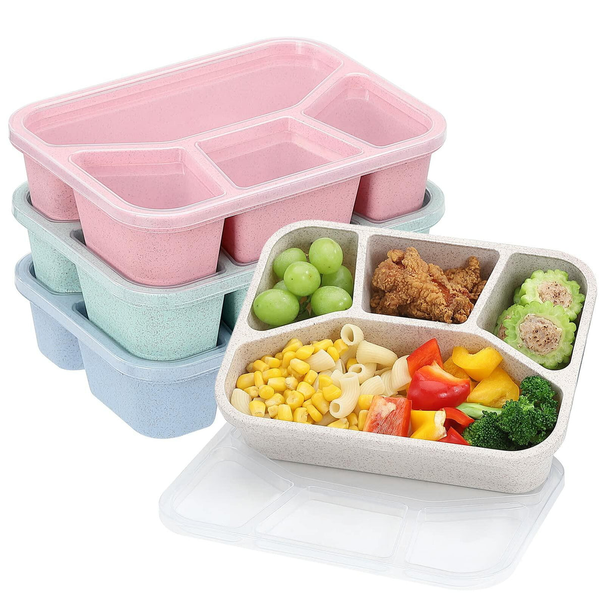 Buluker 4-Pack Bento Lunch Box Set 4-Compartment Microwave Safe