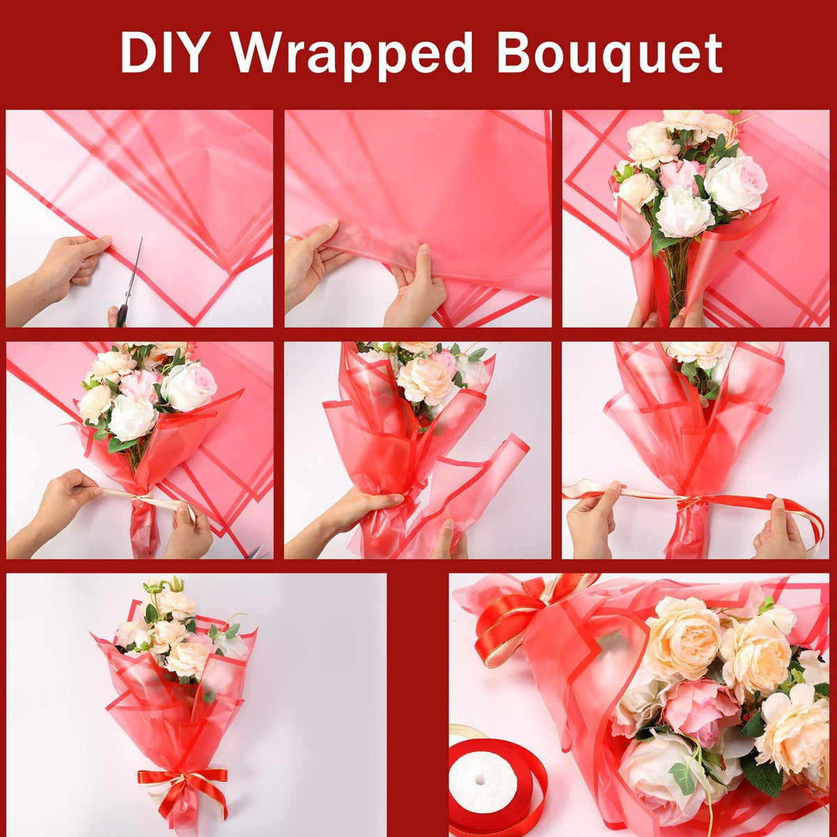 Tenare 36pcs Waterproof Flower Wrapping Paper & 50yd Satin Ribbon Red