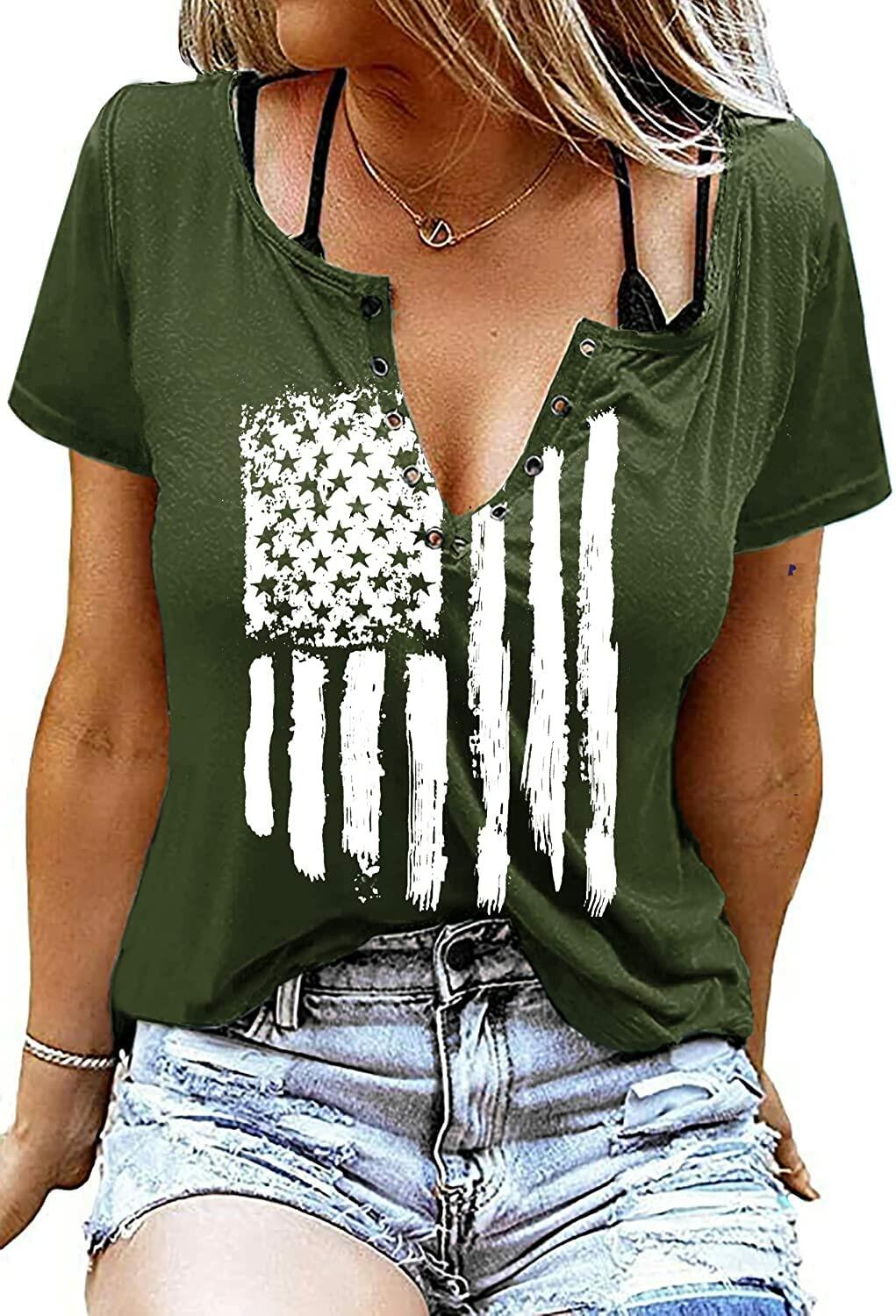 Womens Patriotic V Neck T Shirt American Flag Graphic Green1 Size Medium
