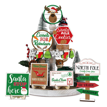 13 Pc Winter Tiered Tray Decor Elk Sled Tree Snowflake Wood Blocks