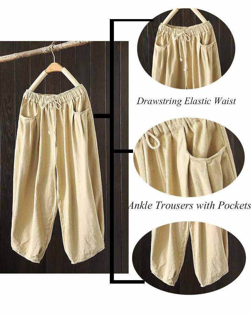 Minibee Womens Wide Leg Capri Pants Drawstring Waist Pockets Beige Size L