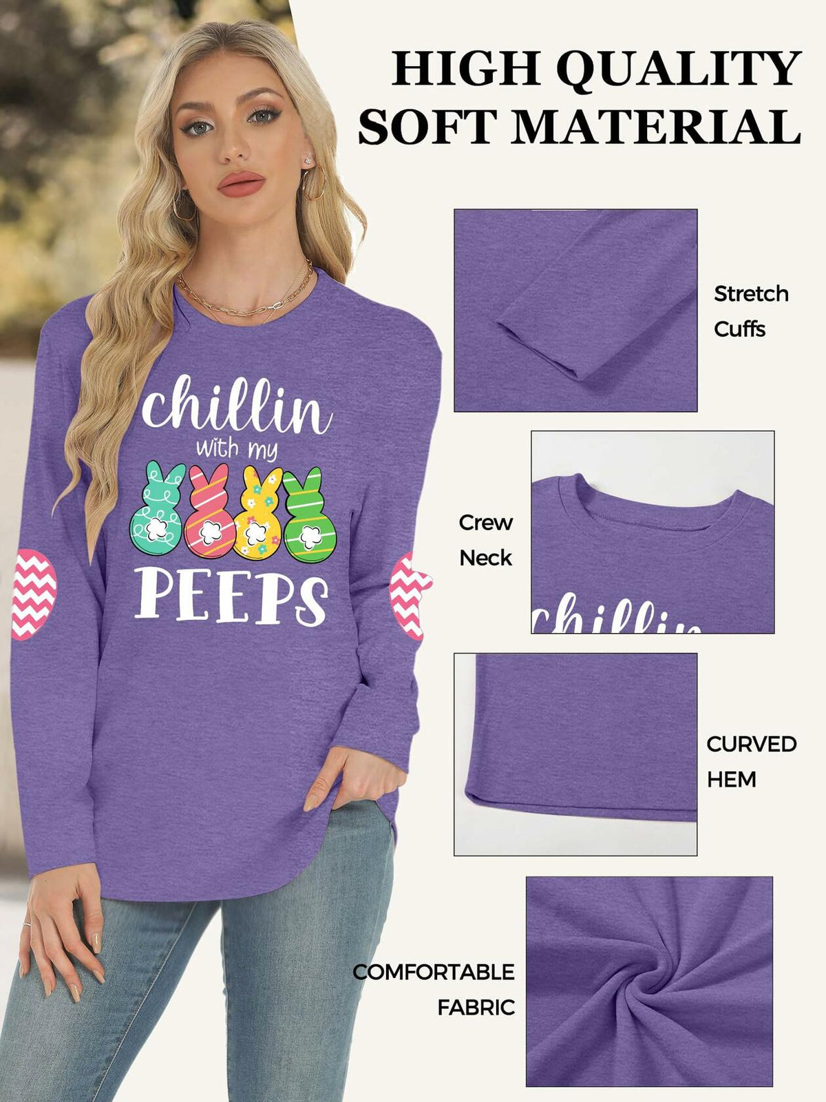 Easter Shirt Women Bunny Graphic Long Sleeve Tee Purple1 Size XXL