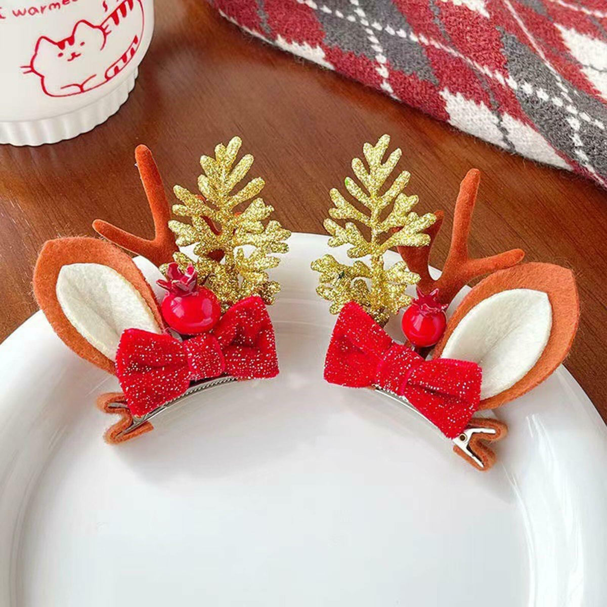 Christmas Bow Hair Clips Red Gold Reindeer Antler 2PCS Holiday Accessories