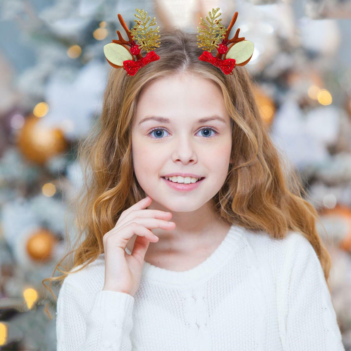 Christmas Bow Hair Clips Red Gold Reindeer Antler 2PCS Holiday Accessories