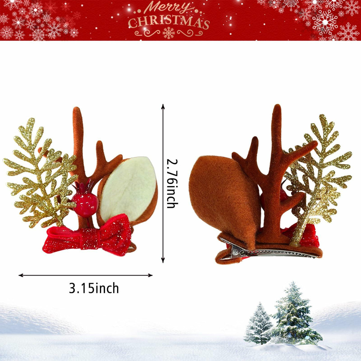 Christmas Bow Hair Clips Red Gold Reindeer Antler 2PCS Holiday Accessories
