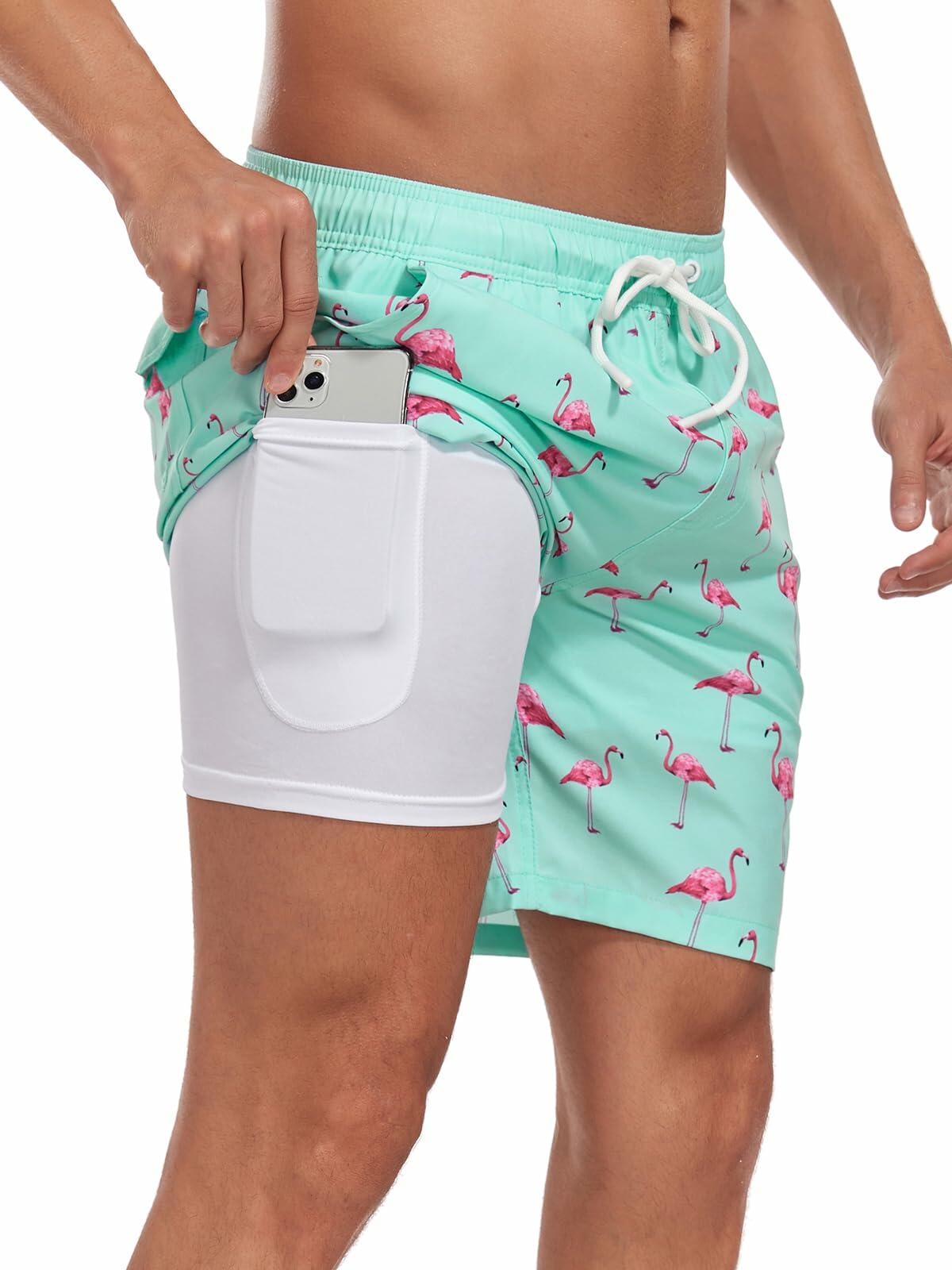 SHEKINI Men’s Swim Trunks Quick Dry Compression Lined Pockets Light Green M