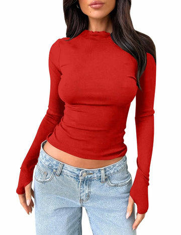 cailami Women's Long Sleeve Mock Neck Ribbed Slim Fit Top Red Size S