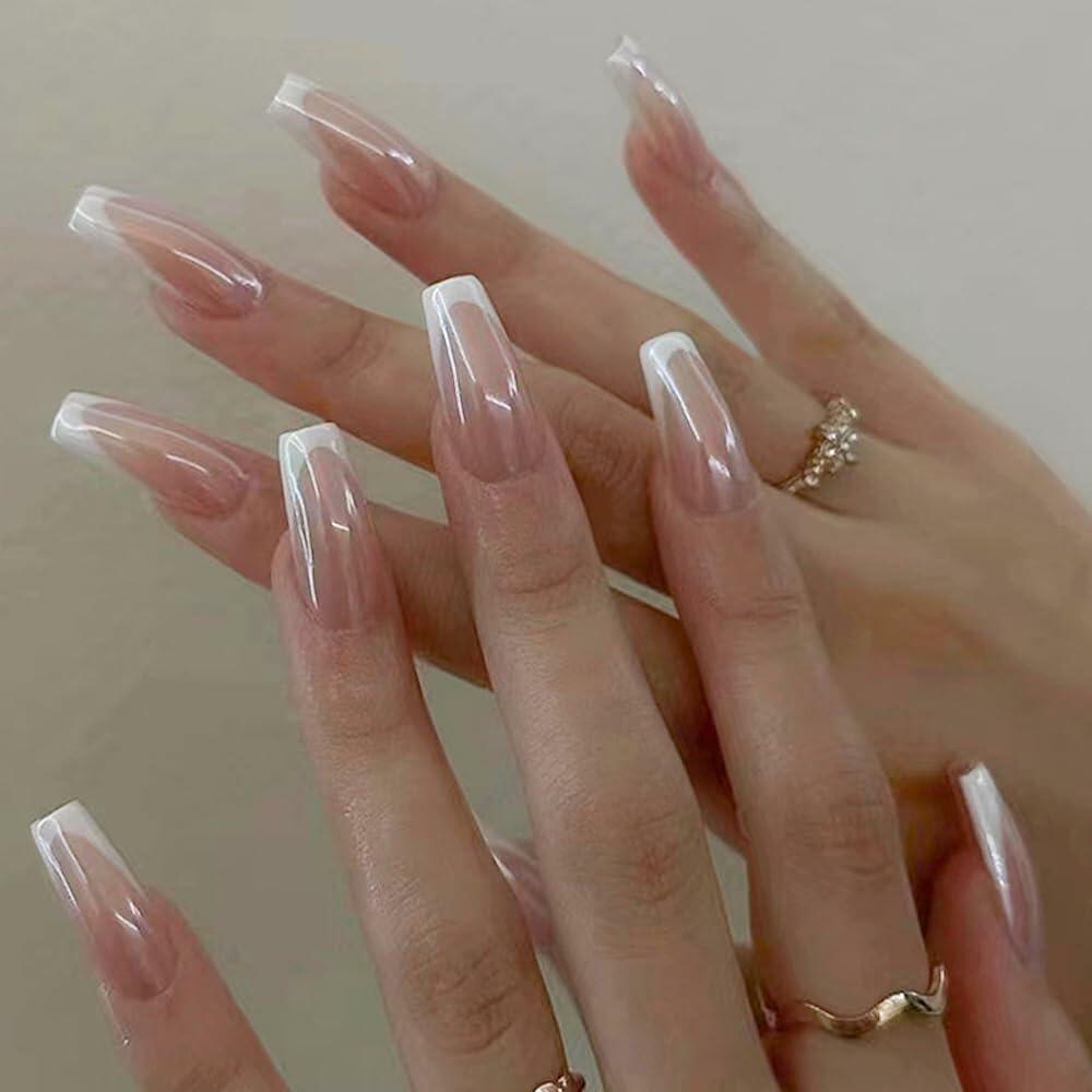French Tip Press On Nails Short Square Pink Nude Glossy 24Pcs