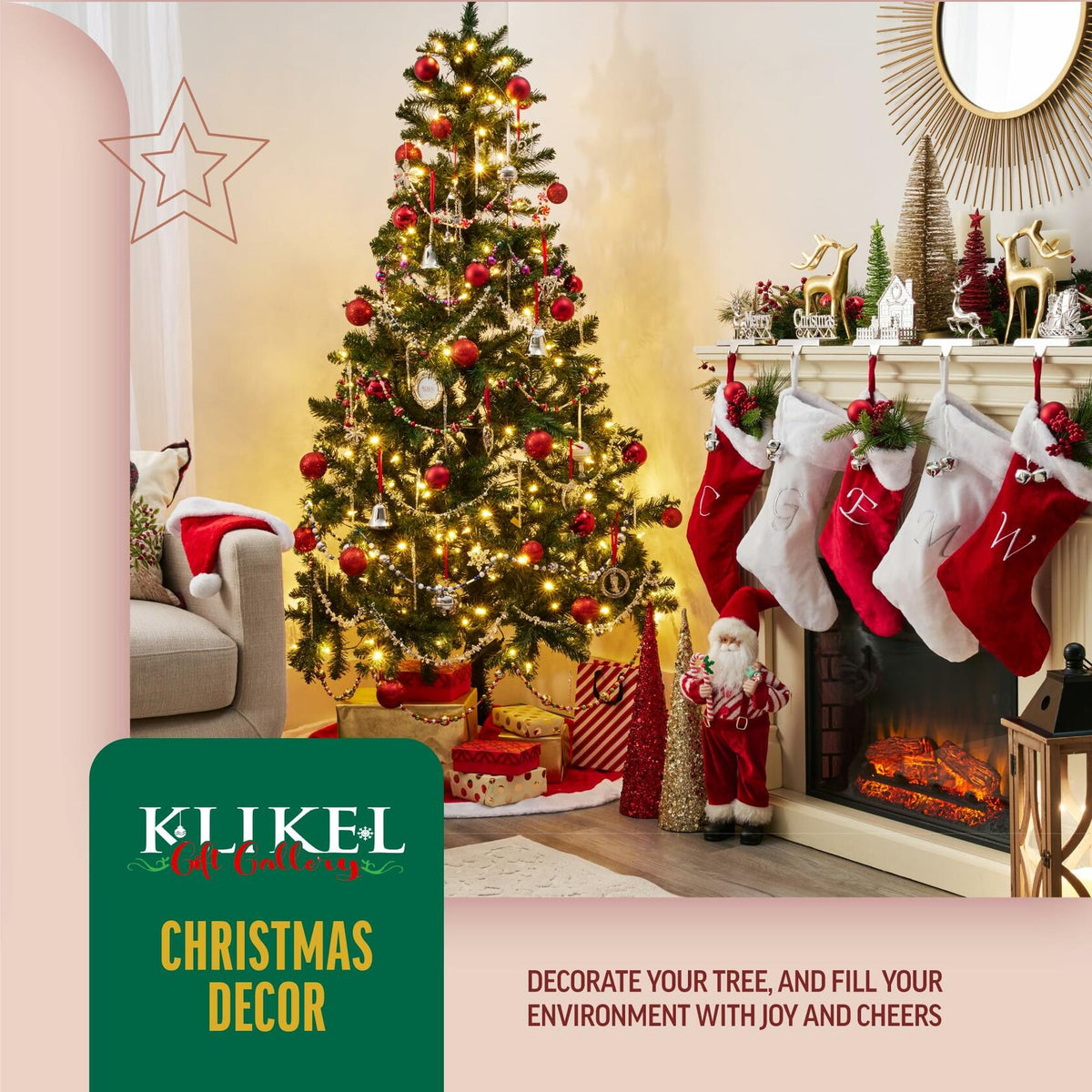 Klikel Reindeer Stocking Holder Set of 3 Deer and Sleigh for Mantel