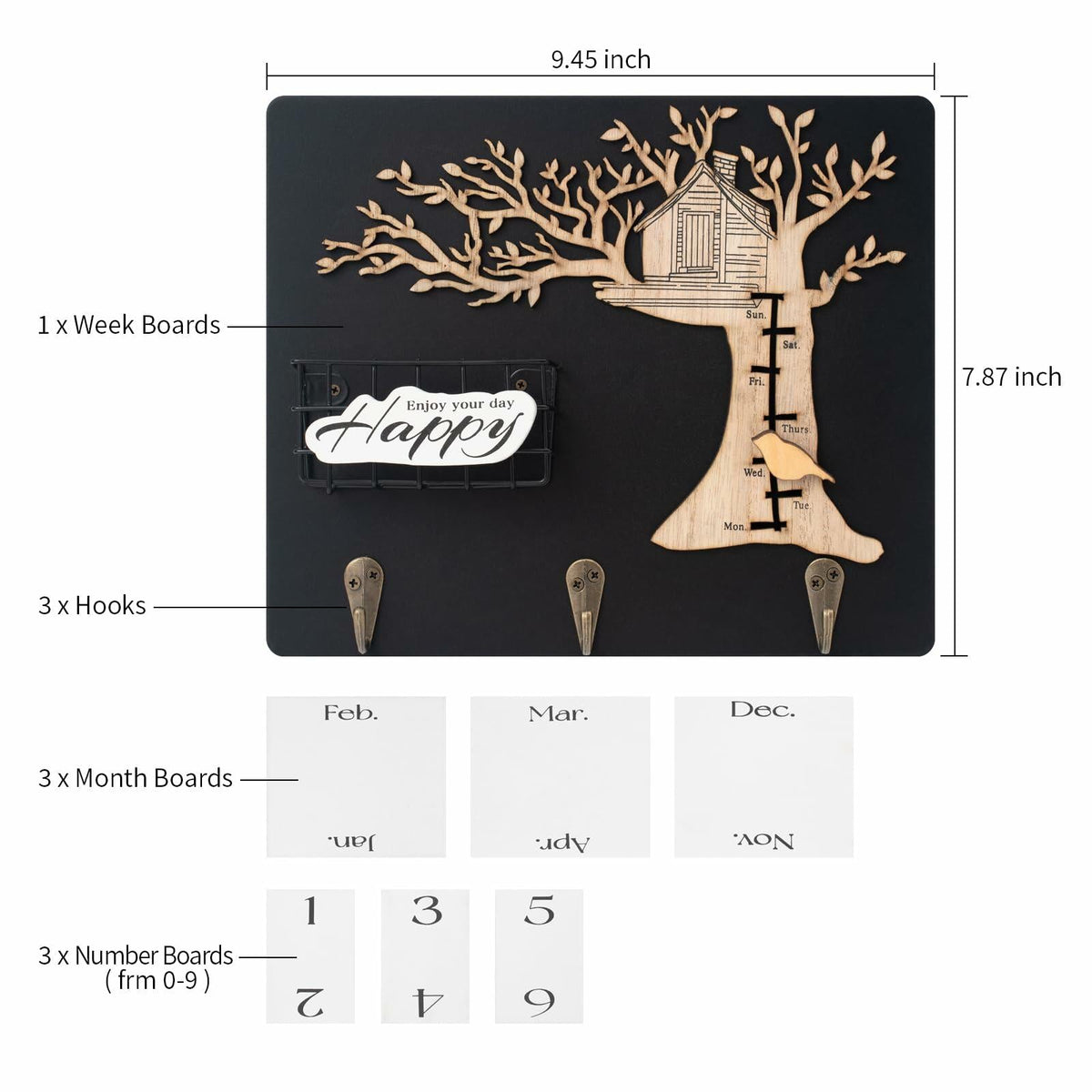 Wooden Reusable Perpetual Calendar with Hooks Home Decor Holiday Gift