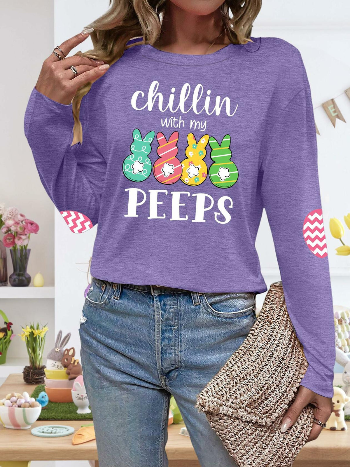 Easter Shirt Women Bunny Graphic Long Sleeve Tee Purple1 Size XL
