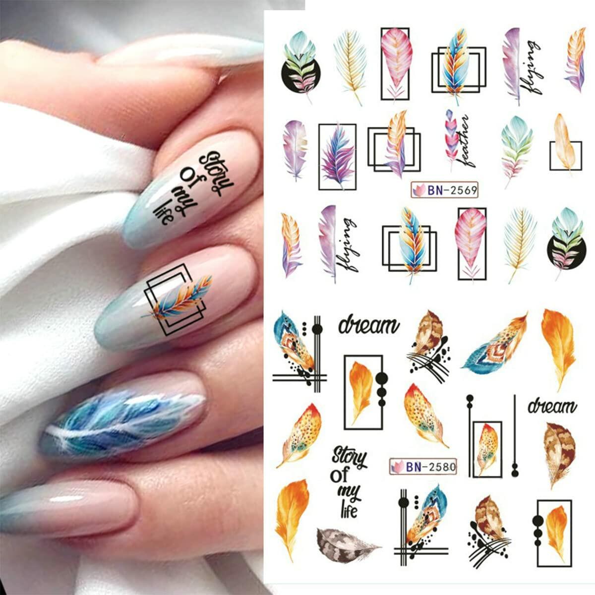Feather Nail Water Sticker Decals Dream Catcher Colorful 12PCS Nail Art