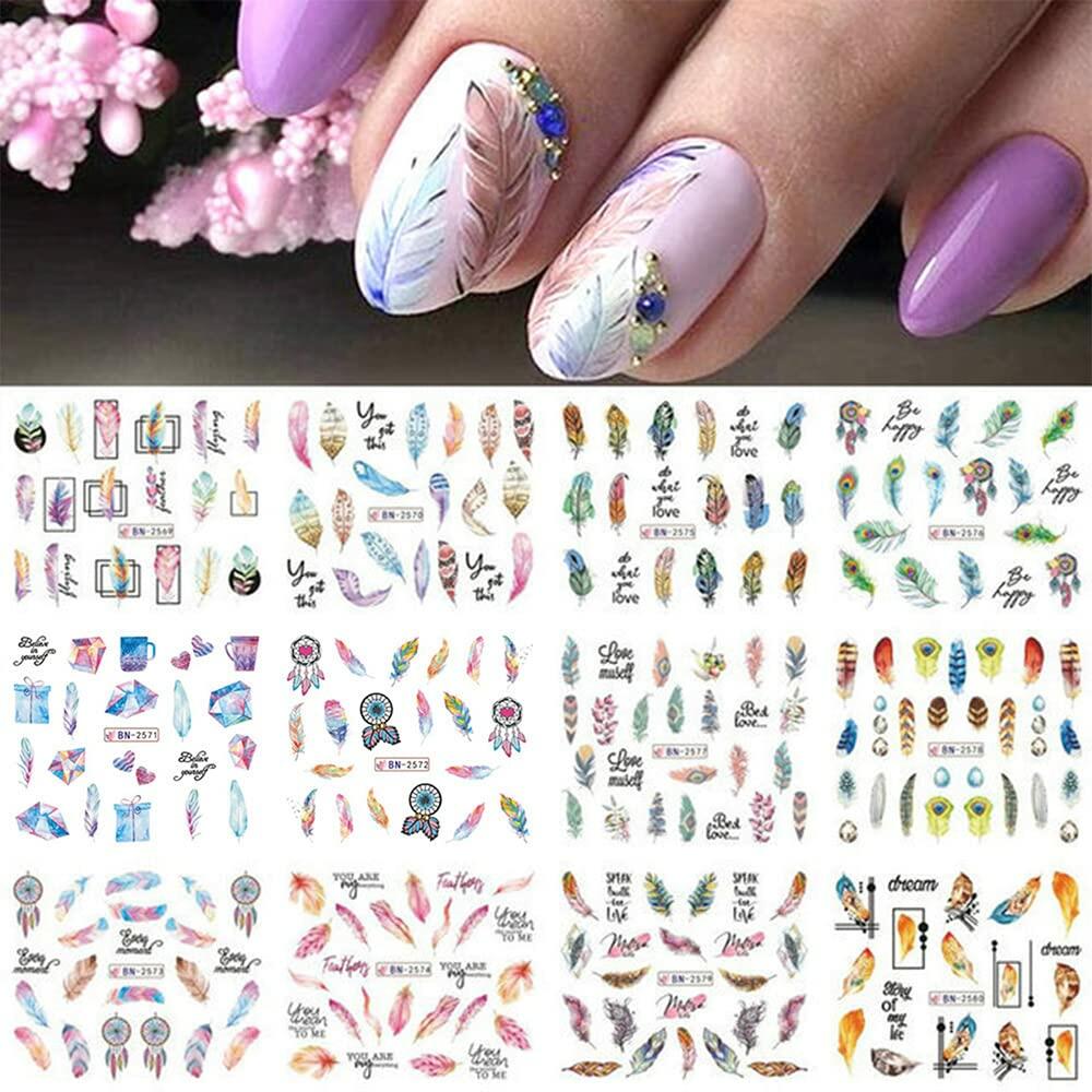 Feather Nail Water Sticker Decals Dream Catcher Colorful 12PCS Nail Art