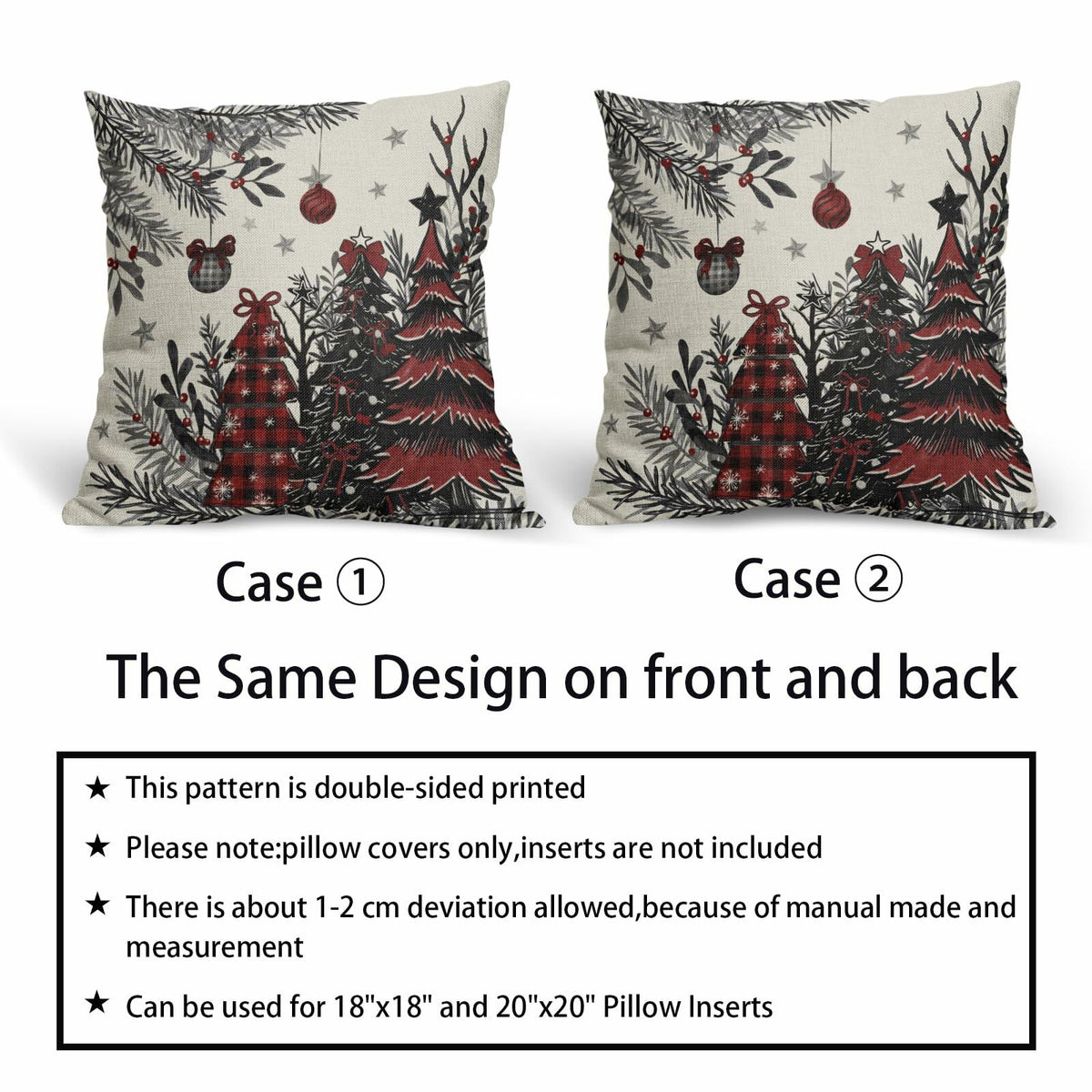 Black Red Christmas Tree Throw Pillow Covers 18x18 Set of 2 Xmas Decor