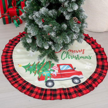 Burlap Christmas Tree Skirt 36" Red Black Buffalo Plaid Truck Farmhouse