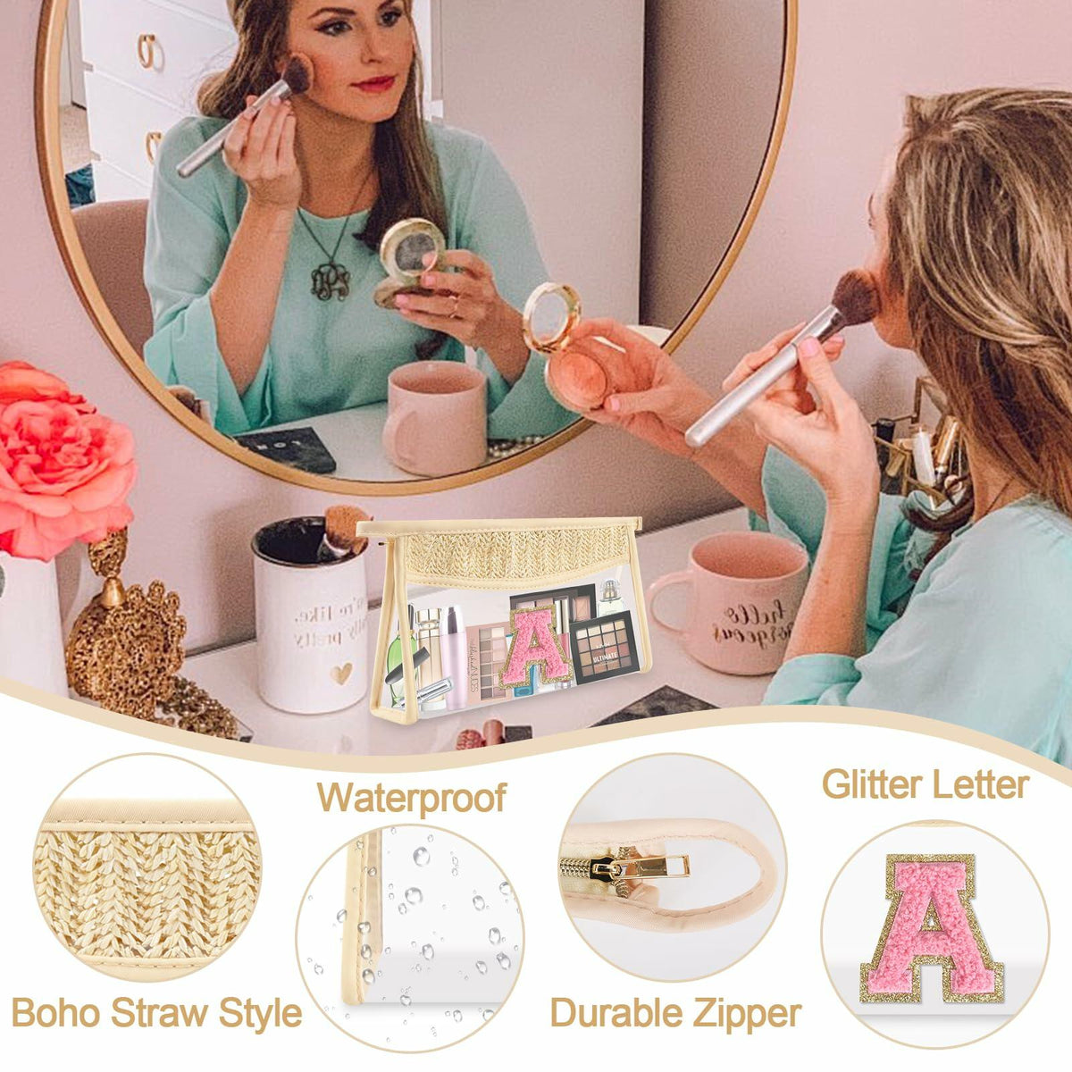 Personalized Initial Small Boho Straw Clear Makeup Bag Waterproof PVC Travel