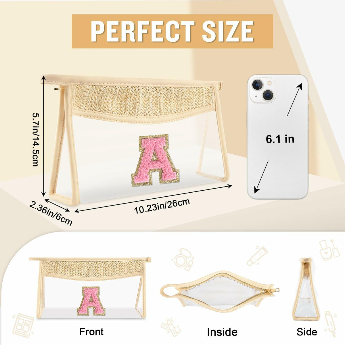 Personalized Initial Small Boho Straw Clear Makeup Bag Waterproof PVC Travel