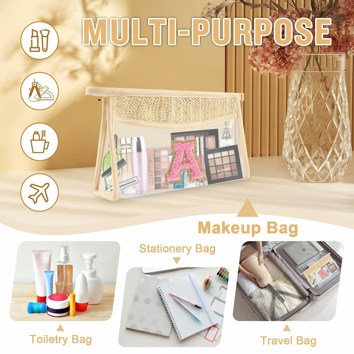 Personalized Initial Small Boho Straw Clear Makeup Bag Waterproof PVC Travel