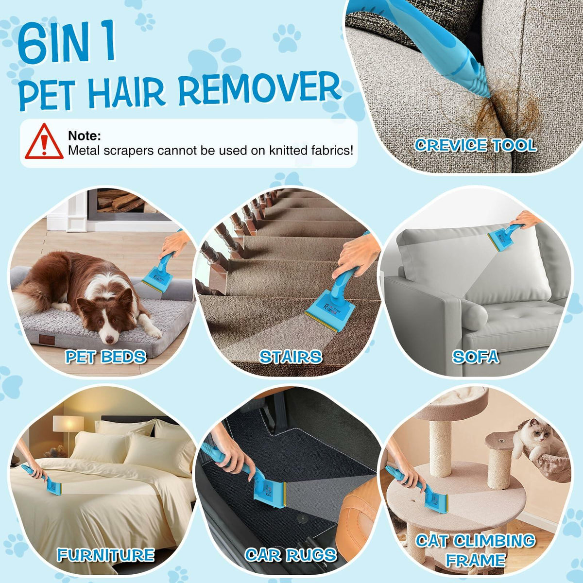 LVHATN 6IN1 Pet Hair Remover Tool for Car Rug Couch Furniture 8.27in