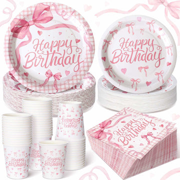 Coquette Pink Bow Birthday Party Supplies 216 Pcs Plates Napkins Set