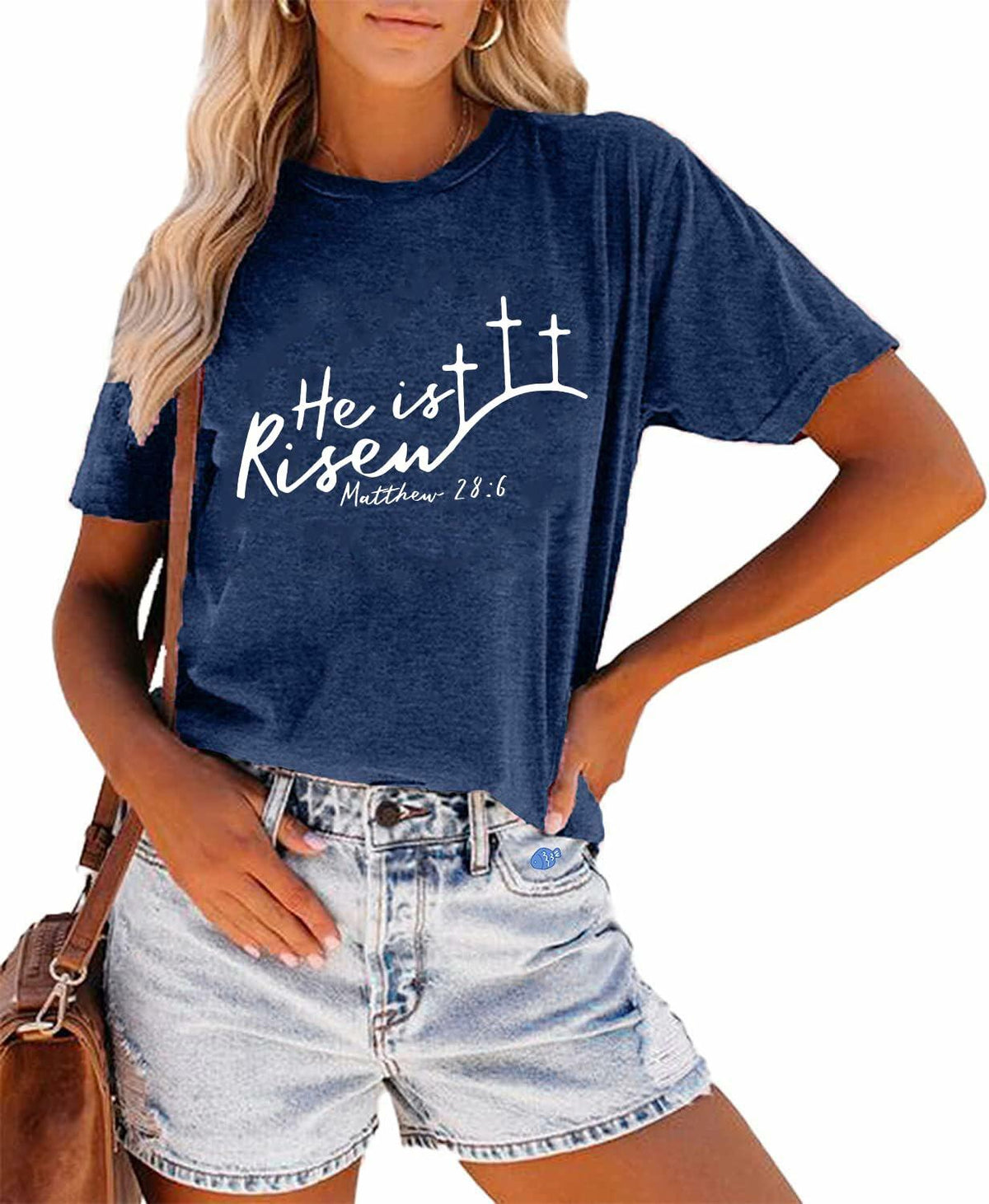 He is Risen Women's Easter Christian T-Shirt Navy Blue Size XXL