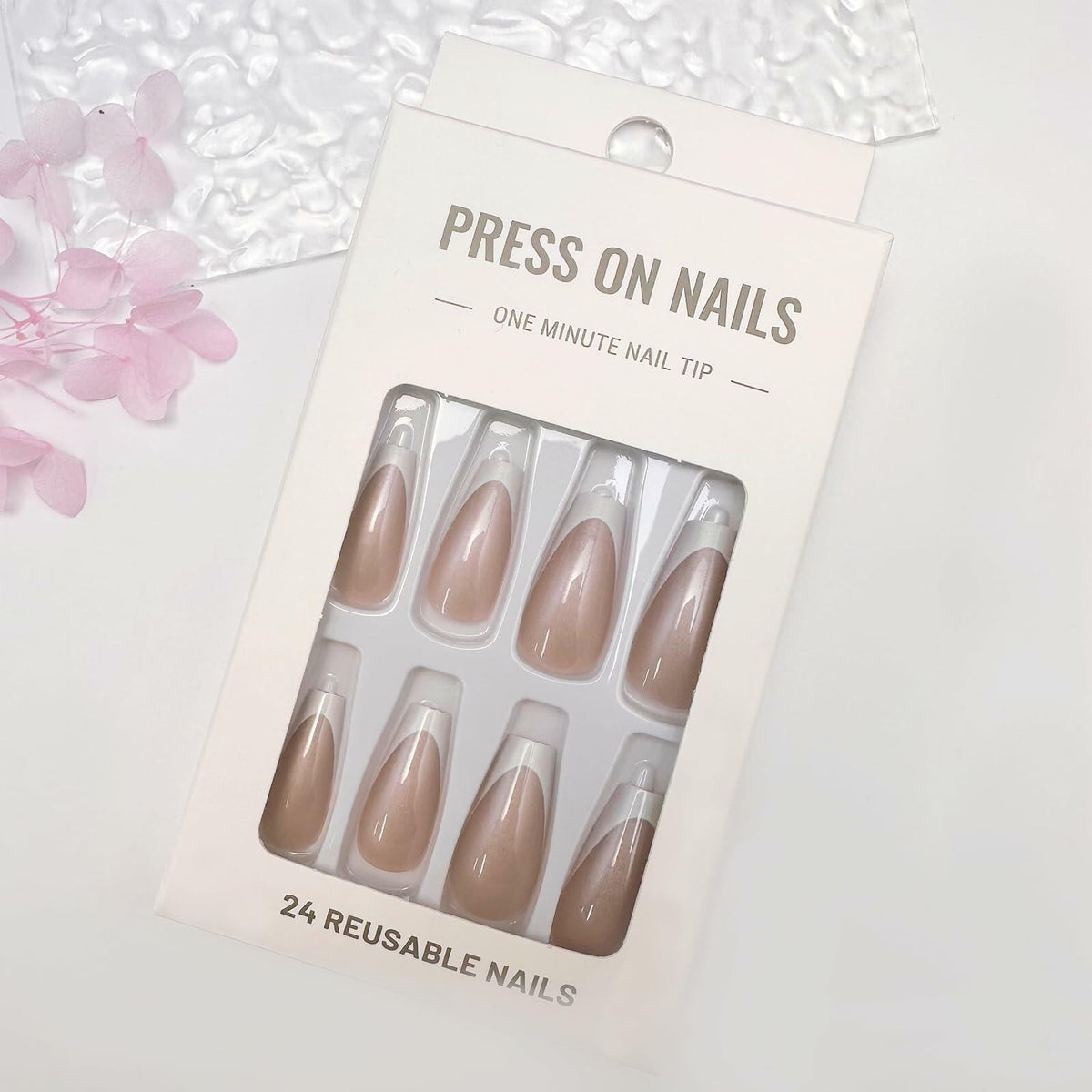 French Tip Press On Nails Short Square Pink Nude Glossy 24Pcs