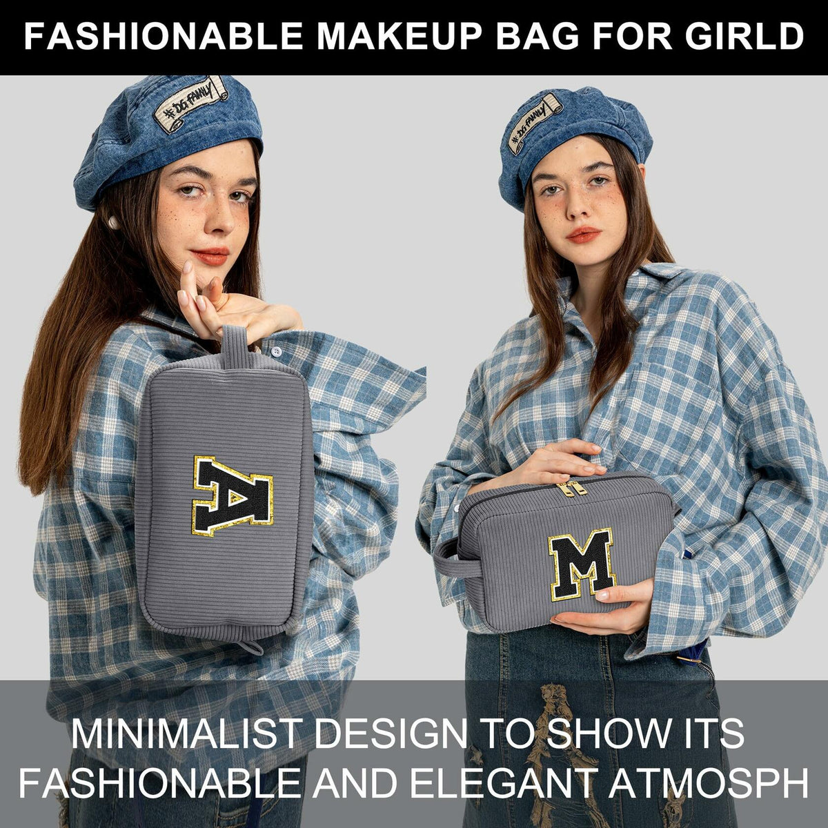 YOOLIFE Monogram Make Up Bag Birthday Gift for Women Girls Gray