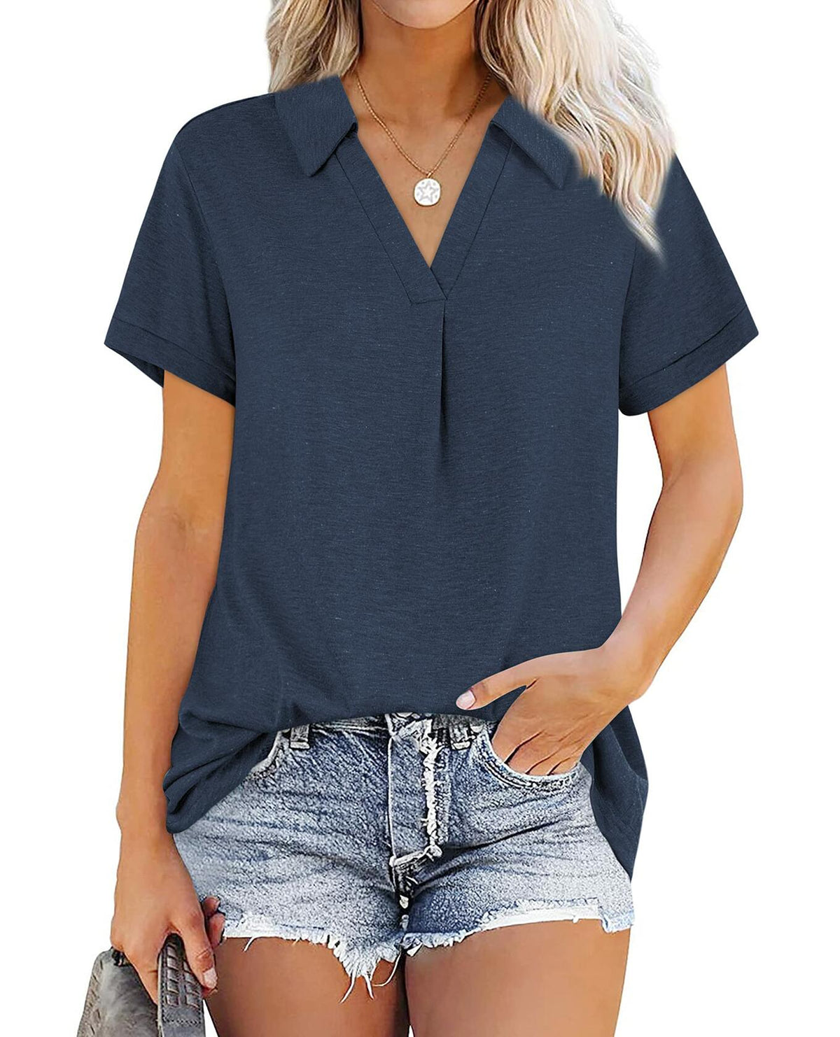 Women's Collared V Neck Polo T Shirt Plus Size Loose Fit Deep Blue Size S
