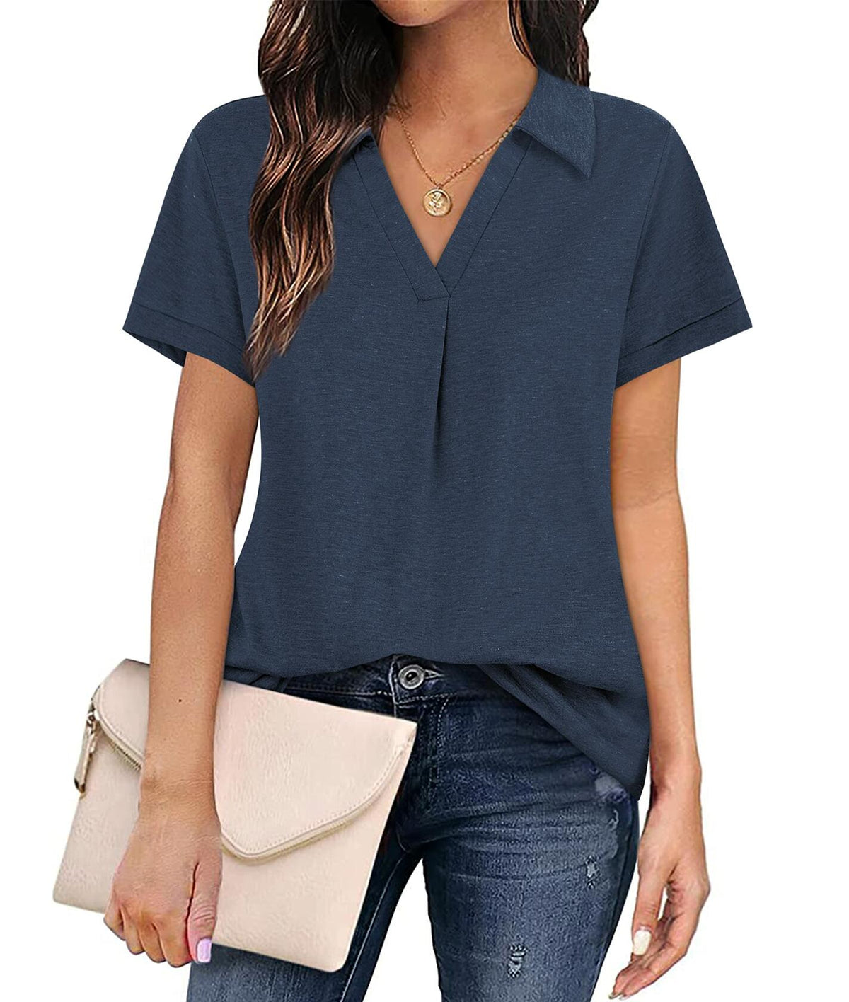 Women's Collared V Neck Polo T Shirt Plus Size Loose Fit Deep Blue Size S