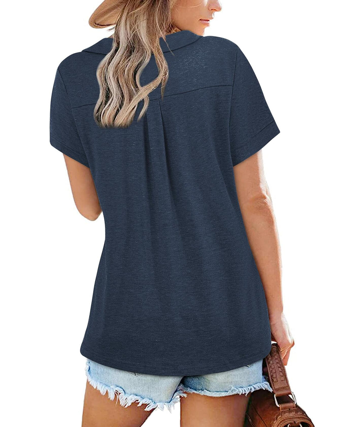 Women's Collared V Neck Polo T Shirt Plus Size Loose Fit Deep Blue Size S