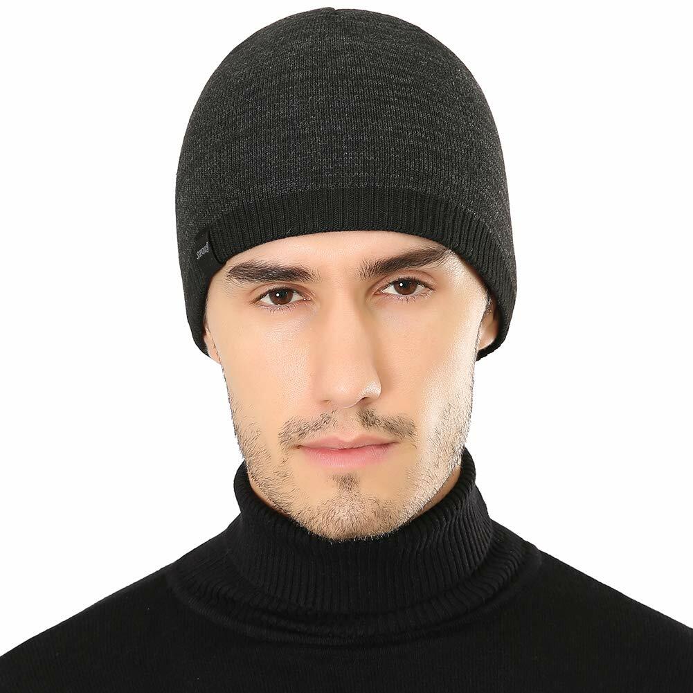 Winter Beanie Skull Cap Warm Knit Lined Outdoor Hat 4-Black&Grey - M Size