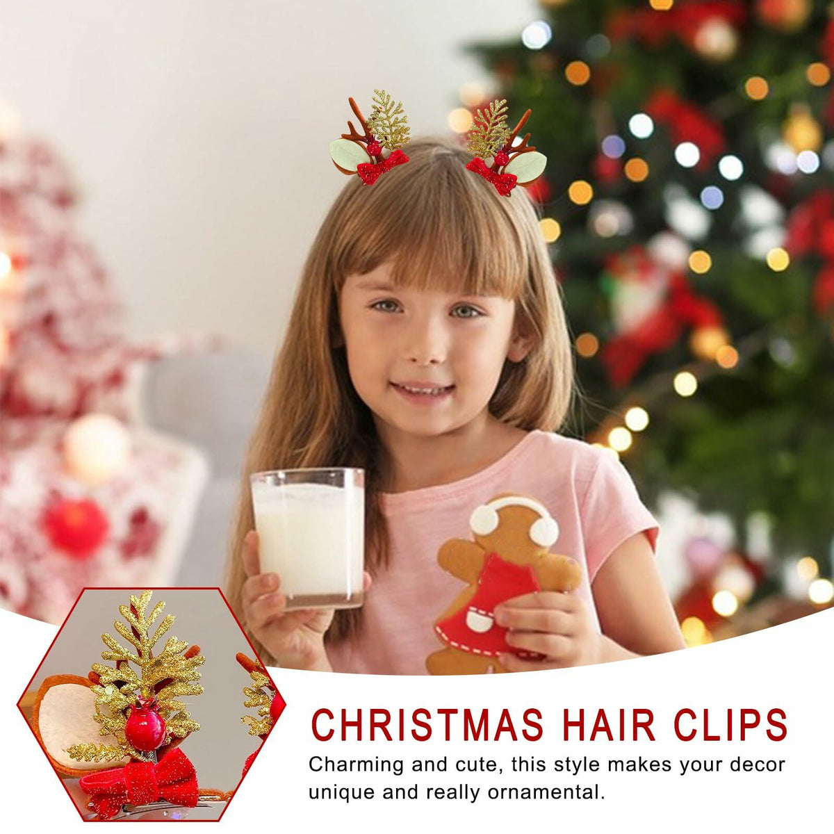 Christmas Bow Hair Clips Red Gold Reindeer Antler 2PCS Holiday Accessories