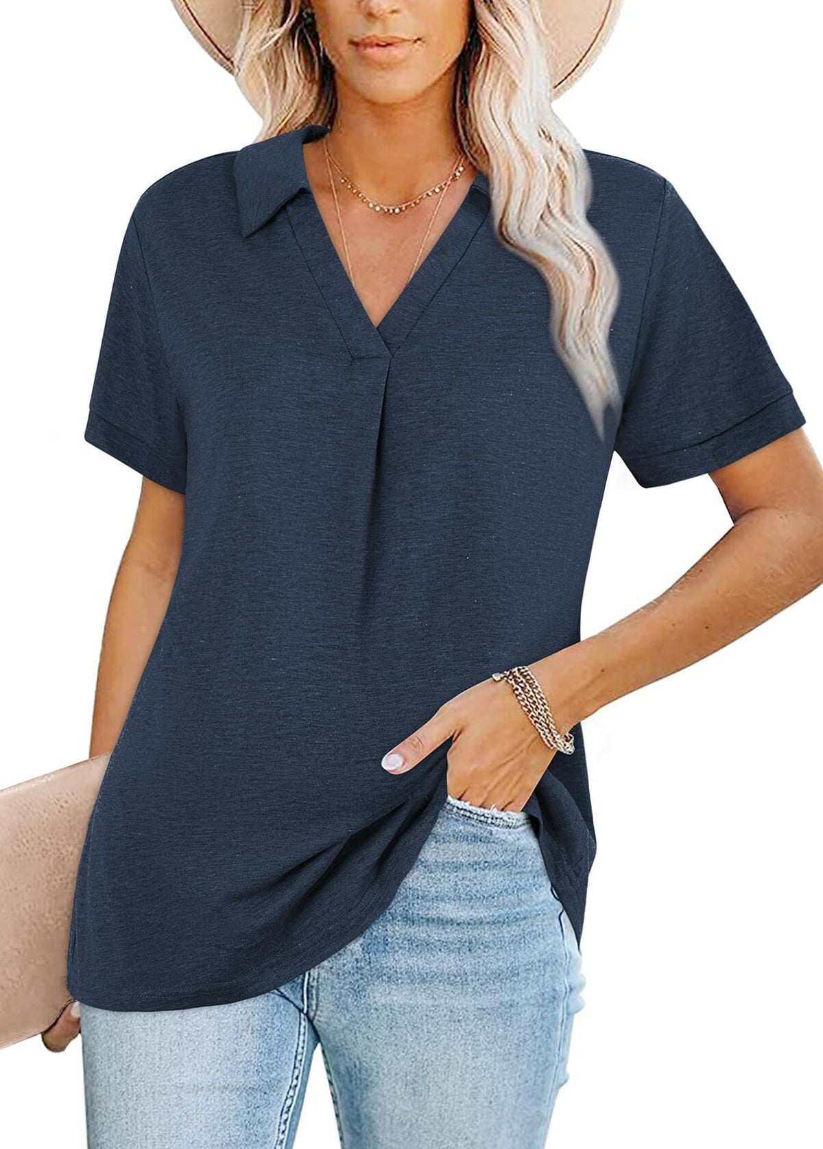 Women's Collared V Neck Polo T Shirt Plus Size Loose Fit Deep Blue Size S