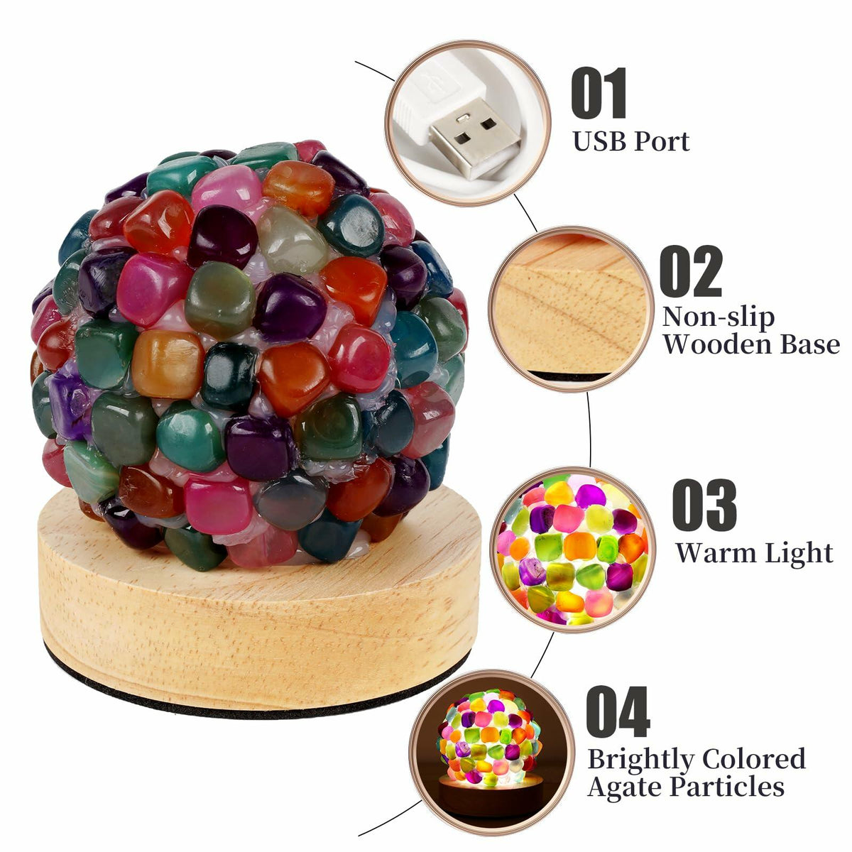 Nizrsky Rainbow Agate Lamp Healing Crystals Night Light Wooden Base