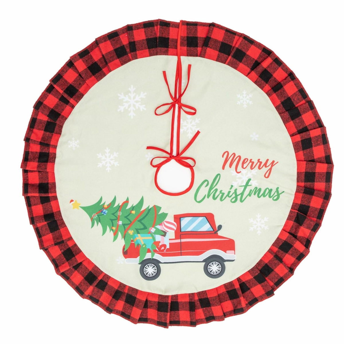Burlap Christmas Tree Skirt 36" Red Black Buffalo Plaid Truck Farmhouse