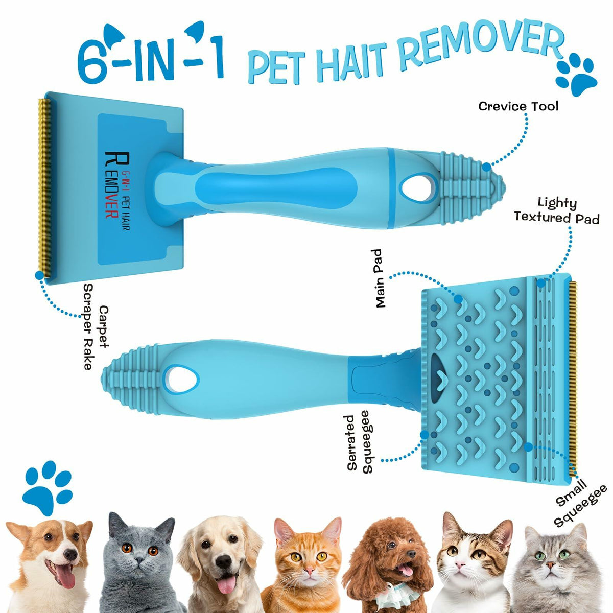 LVHATN 6IN1 Pet Hair Remover Tool for Car Rug Couch Furniture 8.27in