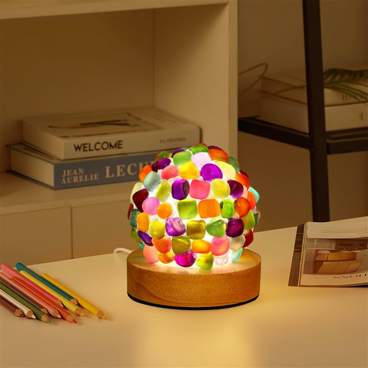 Nizrsky Rainbow Agate Lamp Healing Crystals Night Light Wooden Base