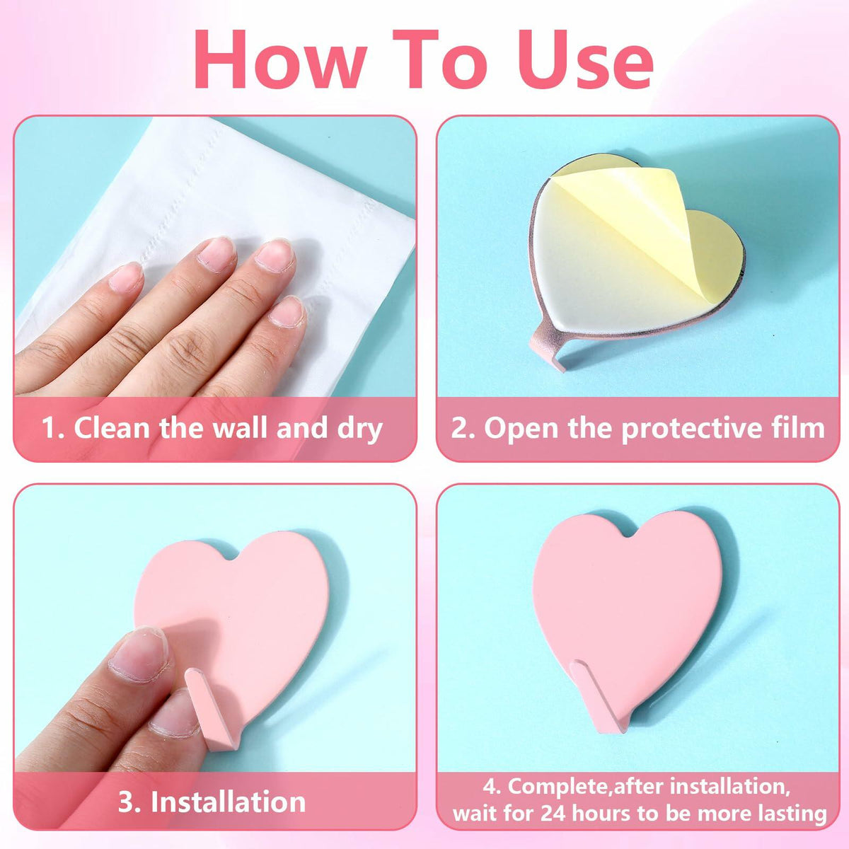 COMNICO 6 Pack Heart Shaped Stainless Steel Adhesive Hooks Silver