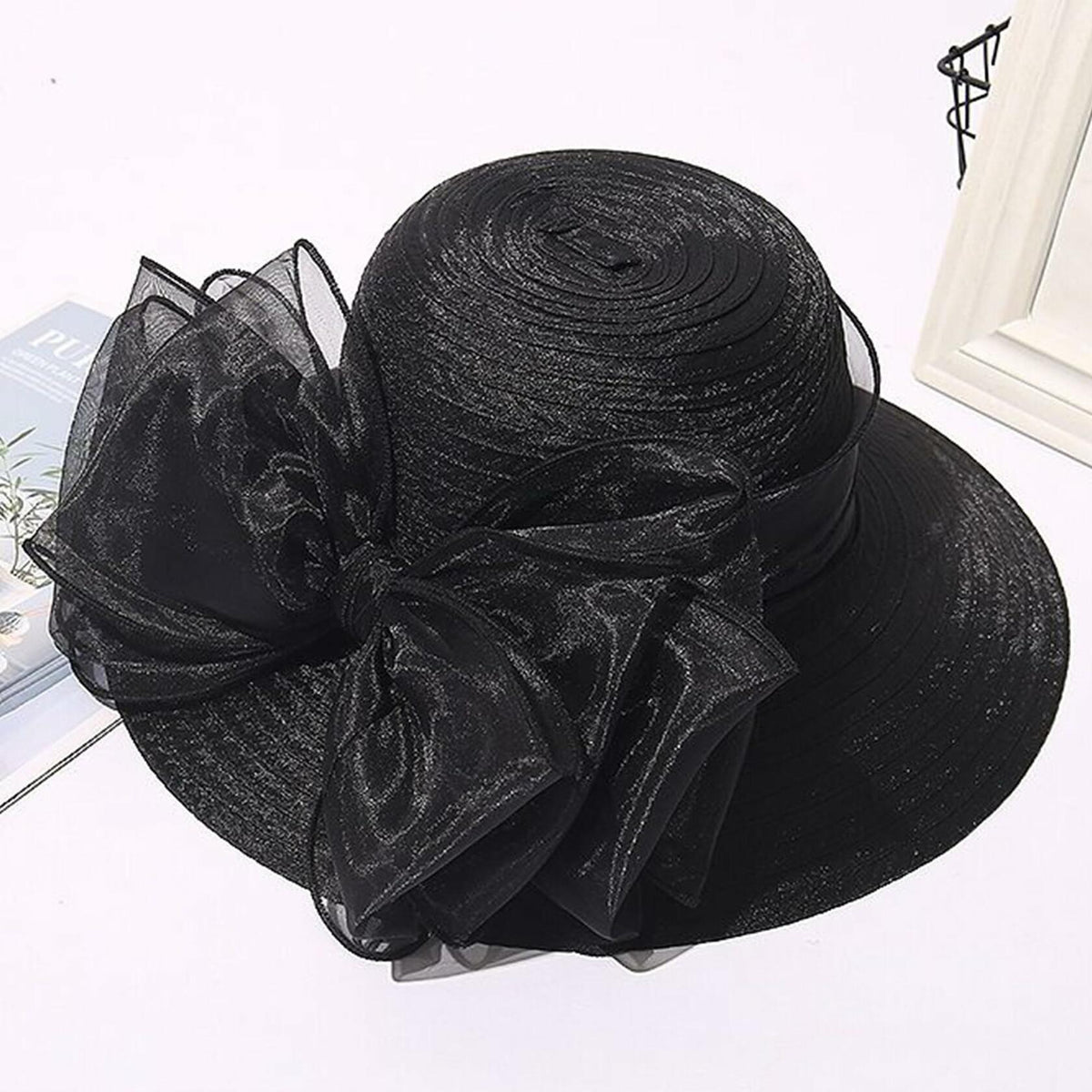IZUS Lady Derby Straw Hat Organza Bowknot Women Church Cloche Hat