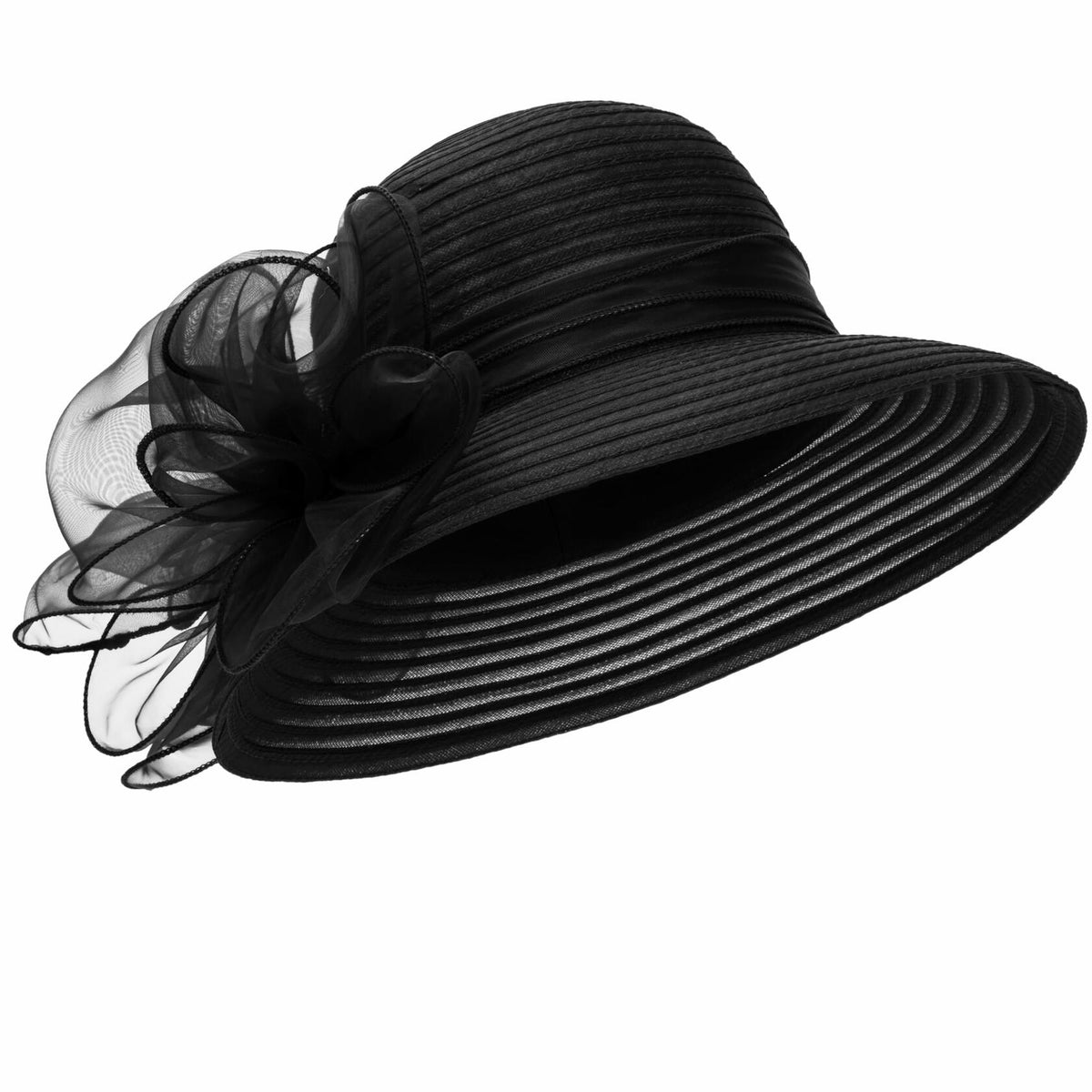 IZUS Lady Derby Straw Hat Organza Bowknot Women Church Cloche Hat