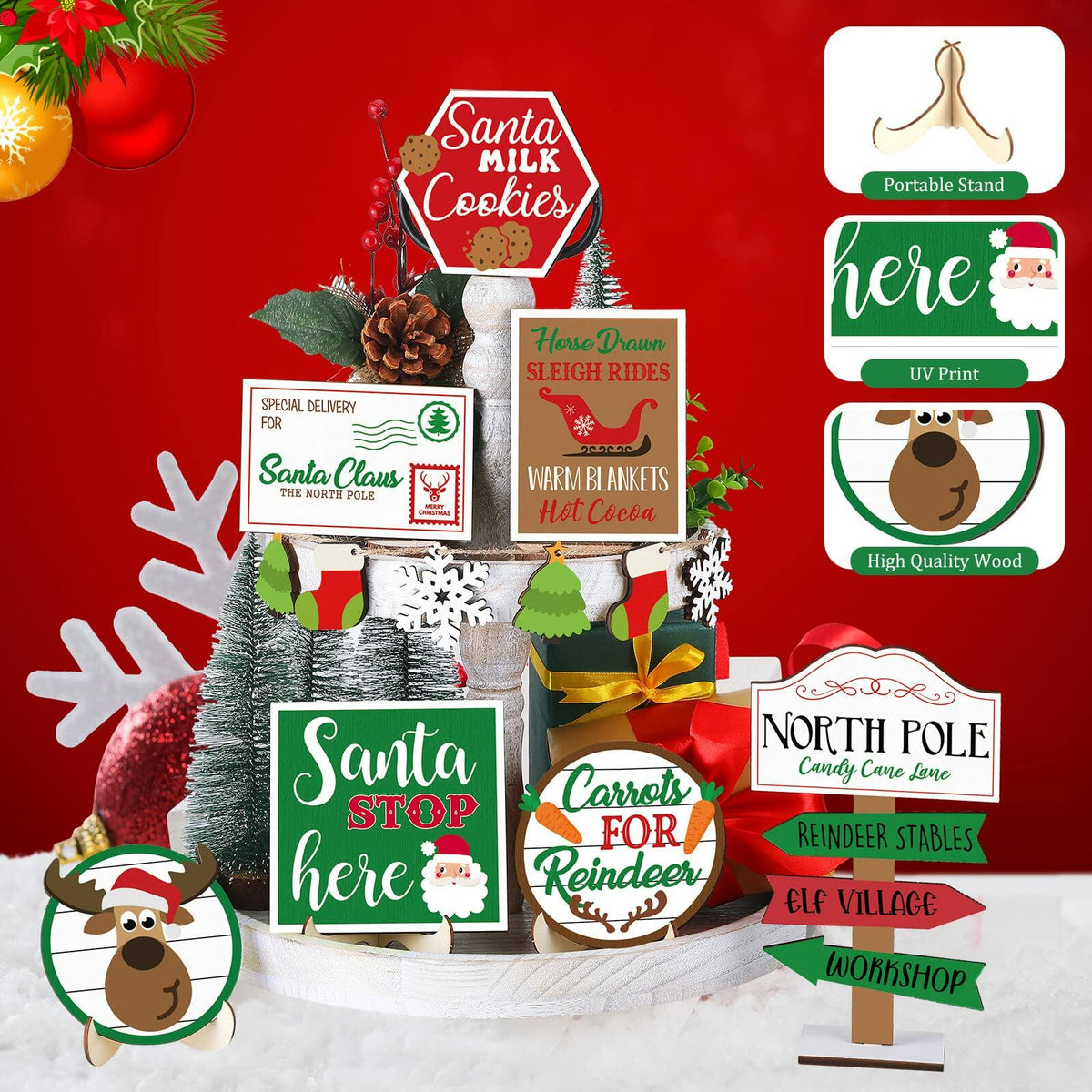 13 Pc Winter Tiered Tray Decor Elk Sled Tree Snowflake Wood Blocks